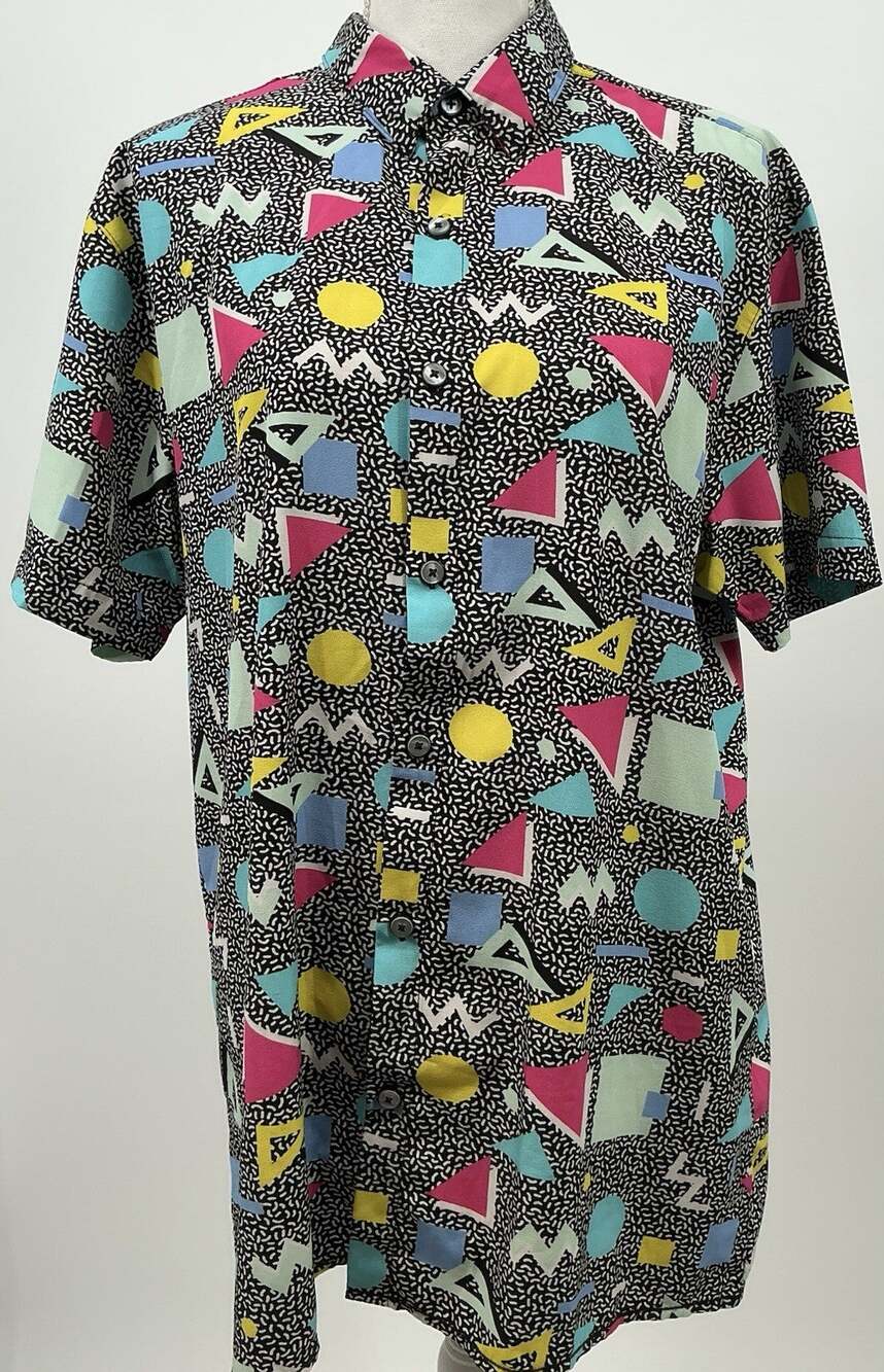 Drill Clothing Retro Memphis Print Short Sleeve Shirt Men's L Colorful Geometric